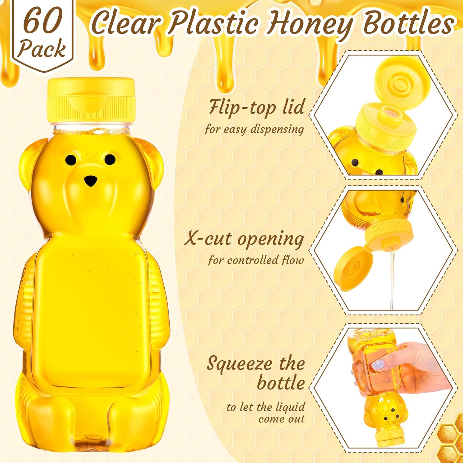 Thenshop 60 Pcs Plastic Bear Honey Bottle Jars Bulk 12 oz Honey Squeeze Bottle Empty with Flip Top Lid Containers Honey Bear Bear Juice Bottle Drinking Cup Yellow Flap Caps for Storing Dispensing