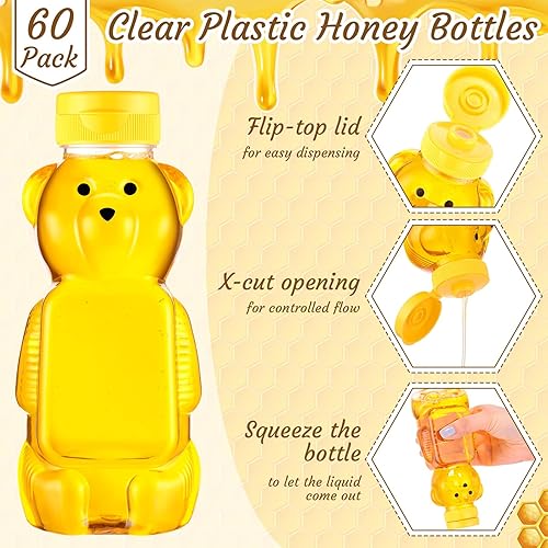 Miniatura 4 de Thenshop 60 frascos de plástico de miel de oso a granel de 12 onzas, botella de miel exprimible vacía con tapa abatible, recipientes de jugo de oso
