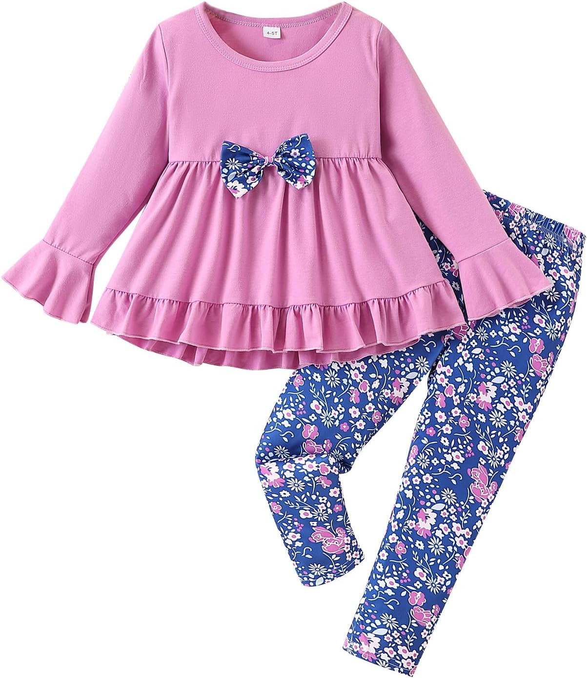 Toddler Girl Clothes 4-8Years Girls Outfit, Long Sleeve Ruffle Bowknot Top+Floral Pants 2Pcs Fall Set