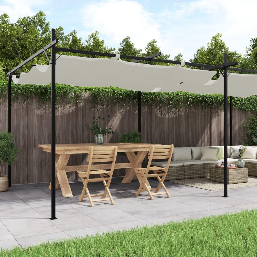 Pergola z rozsuwanym dachem, kremowa, 589 x 292 x 230 cm, malowana proszkowo rama stalowa, dach poliestrowy, pawilon ogrodowy na taras, balkon, imprezę w ogrodzie, wydarzenie, grillowanie