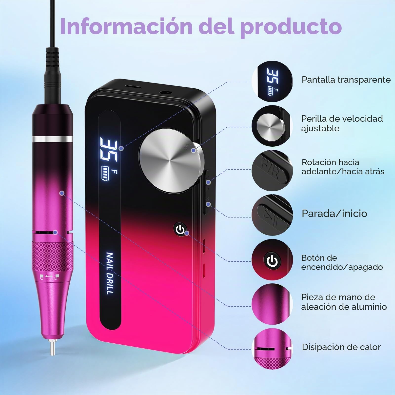 Taladro de uñas eléctrico con 12 accesorios de pulido y 30 bandas de lija, 0-35.000 rpm, set de manicura/pedicura para manicura y pedicura para cortar, limarlas, dar forma, cuidar las uñas y la