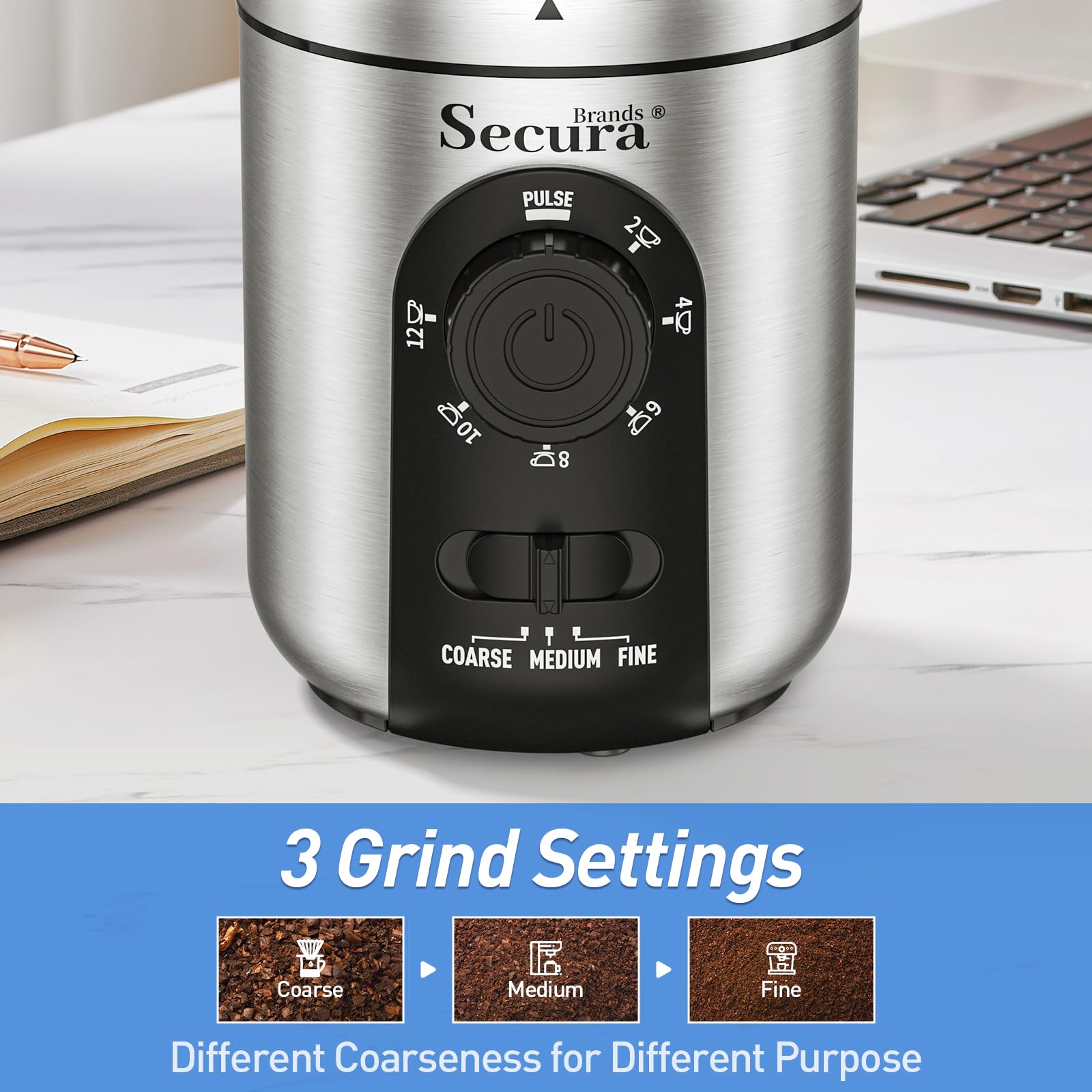 Secura Brands Electric Coffee Grinder for Coffee Beans, Spices, Herbs Adjustable Coarse to Fine Setting for 12 Cup Capacity with 1 Removable Stainless Steel Bowl, Ideal for Home Use, RV — view 5