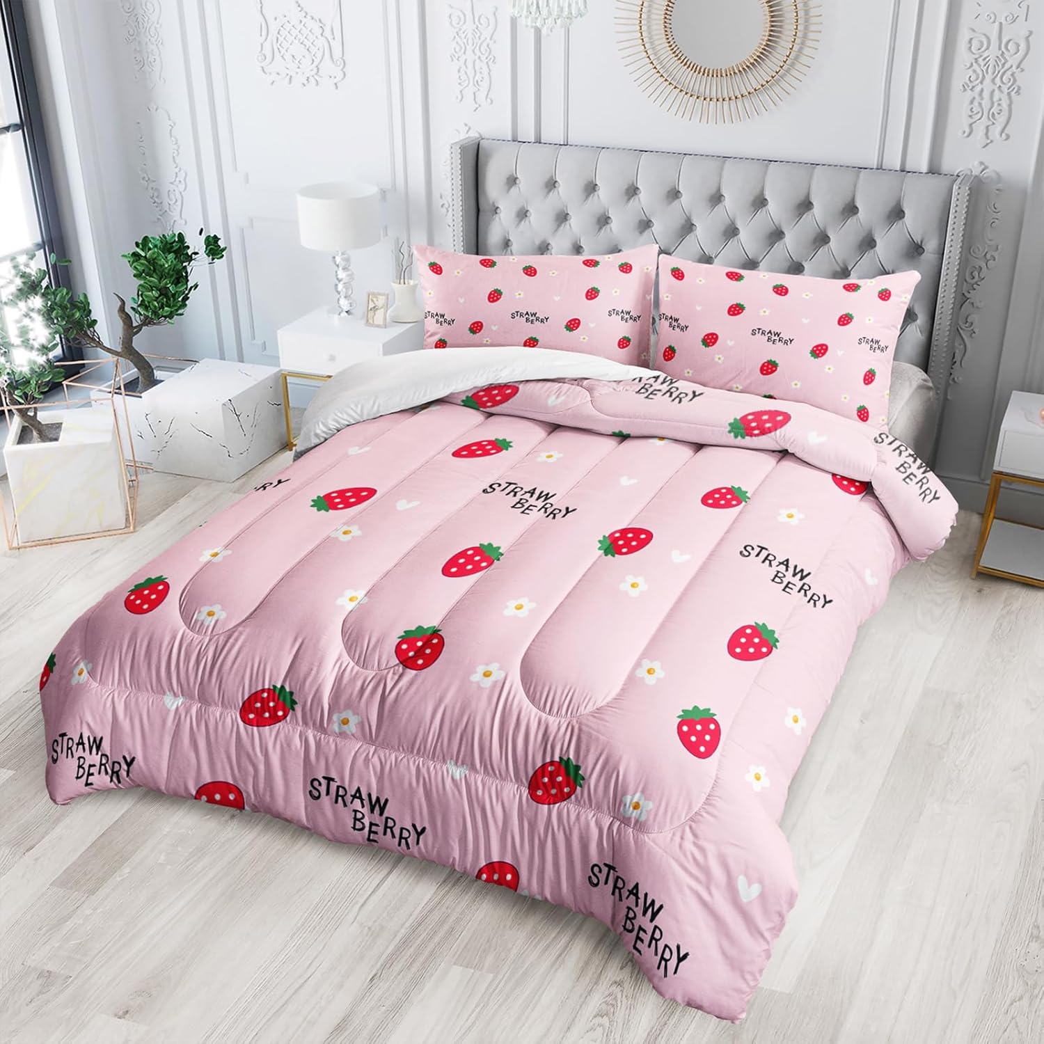 Nttopship Cute Strawberry Comforter Sets Twin Size，Bedding Sets for Kids,Pink and Flowers Comforter Sets All Season 1 Comforter and 2 Pillowcases