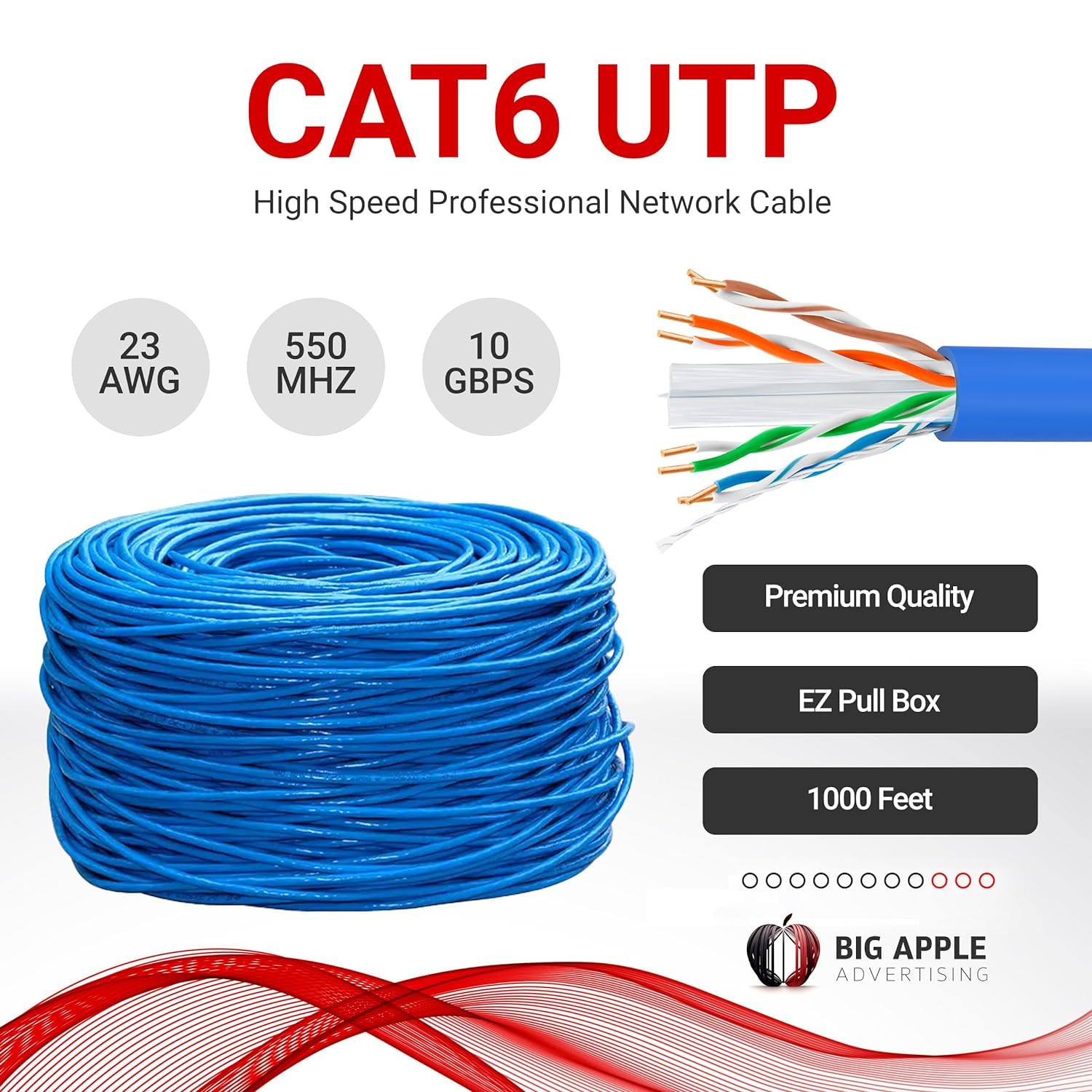 Big-A - Bulk Cat6 Cable 1000ft 23AWG Solid 4 Pair, Cat 6 Ethernet Cable Unshielded Twisted Pair (UTP), (CMR) 550MHz Internet Cable, Pull Box - Blue