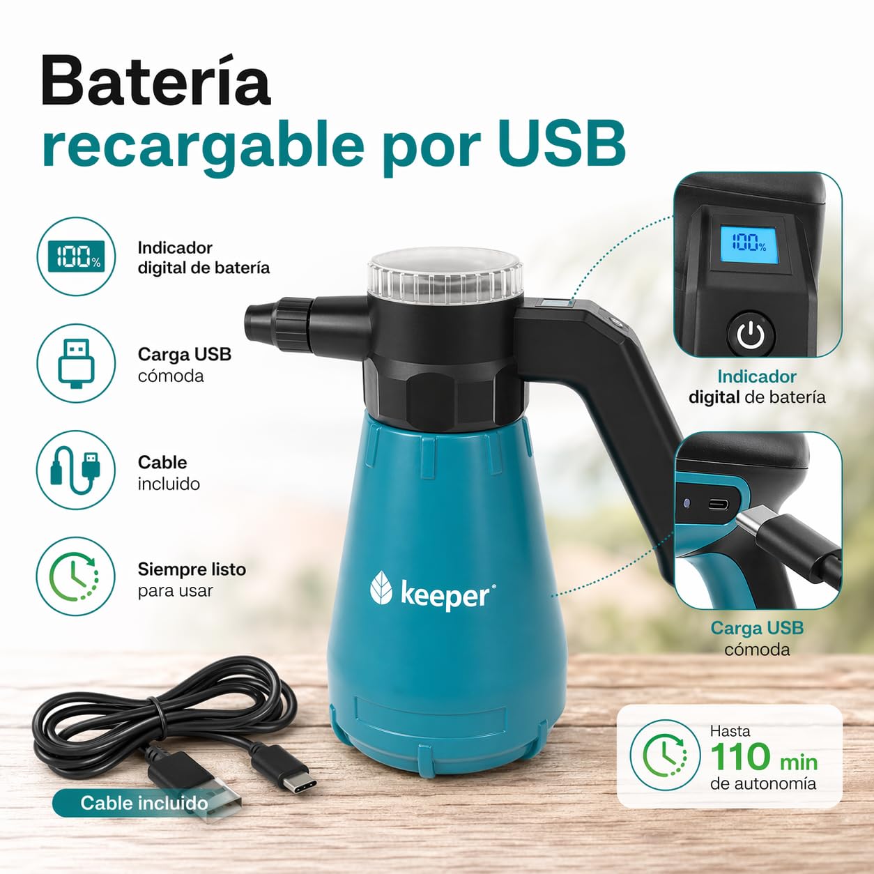 KEEPER Pulvérisateur Électrique 2 L avec Écran LED - Batterie Rechargeable Lithium, 110 Min d'Autonomie - Réservoir Gradué pour Jardin et Plantes
