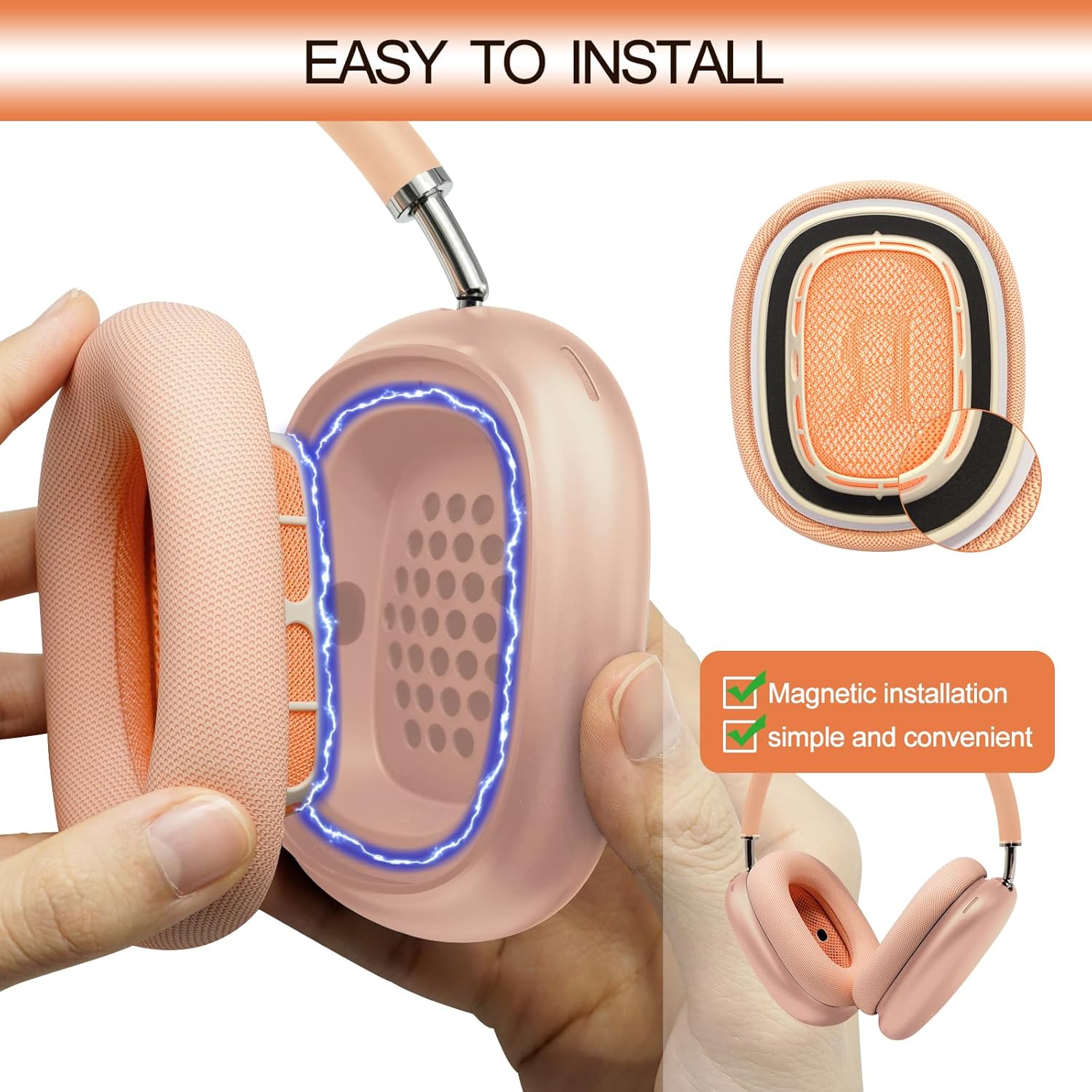 GEVO Upgraded Ear Cushions Replacement Earpads for 2024 New Apple AirPods Max Headphones, Protein Leather Ear Pads Cover with Memory Foam and Magnet for AirPods Max Fresh Color (Orange) - Image 3