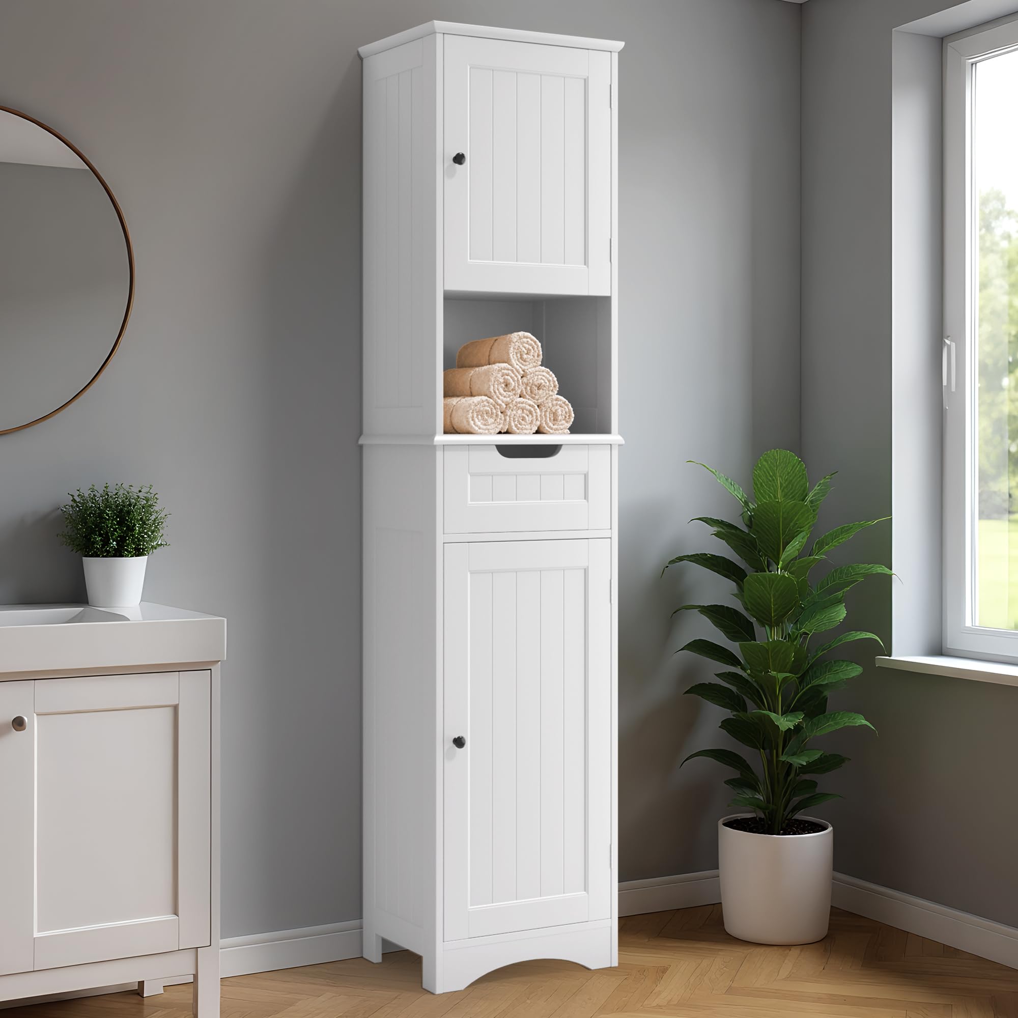 Mobiletto da Bagno Alto con Ripiani Regolabili, Cassetto, Scomparto Aperto, Porte Magnetiche e Protezione Antiribaltamento – 170 x 40 x 30 cm (Bianco)
