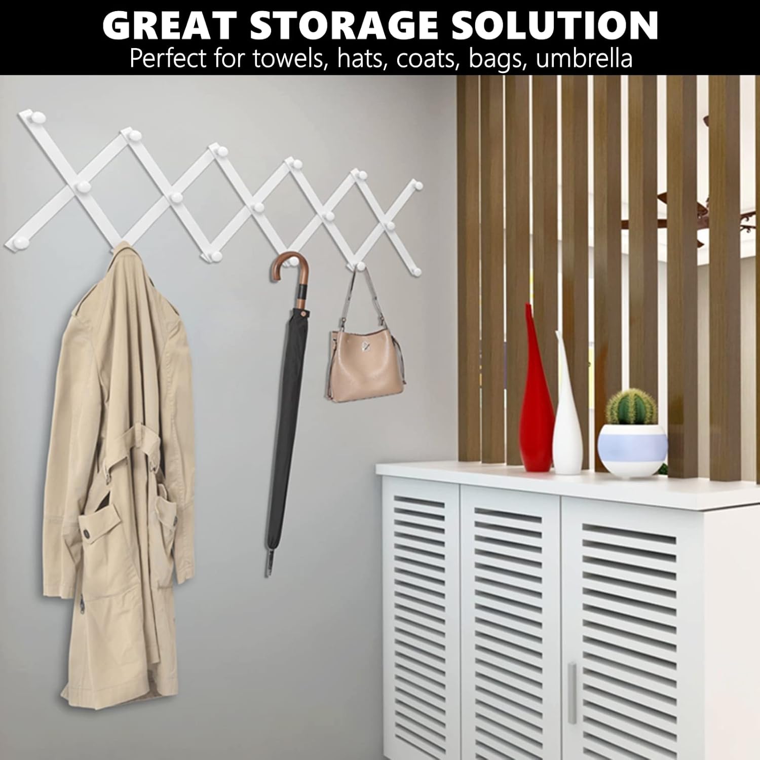 Amber Home Wood Accordion Wall Rack 17 Hooks (Pegs), Expandable Wall Mounted Hanger for Coat, Hat, Scarf, Coffee Mugs, X Shape Coat Hooks (White Color)