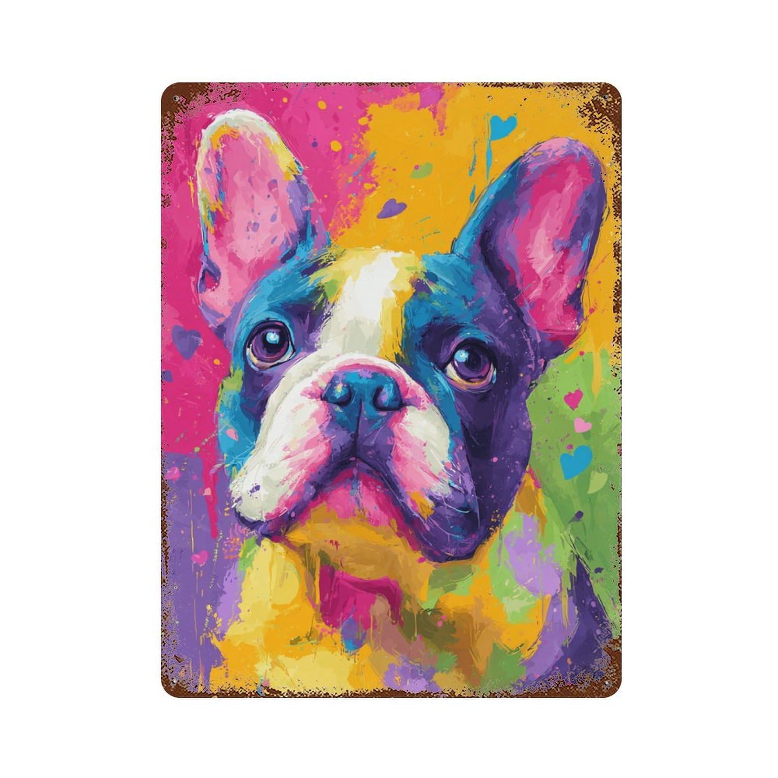 Colorful French Bulldog Art Print-9 15.7"x11.8" Aged Metal Wall Plaque, Classic Wall Plaque for Pub, Kitchen And Man Cave Decor