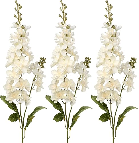 Flores falsas blancas Delphinium Ramo de boda, flores blancas, tallos de seda para jardín, espolón de alondro, flores de tallo largo para florero,