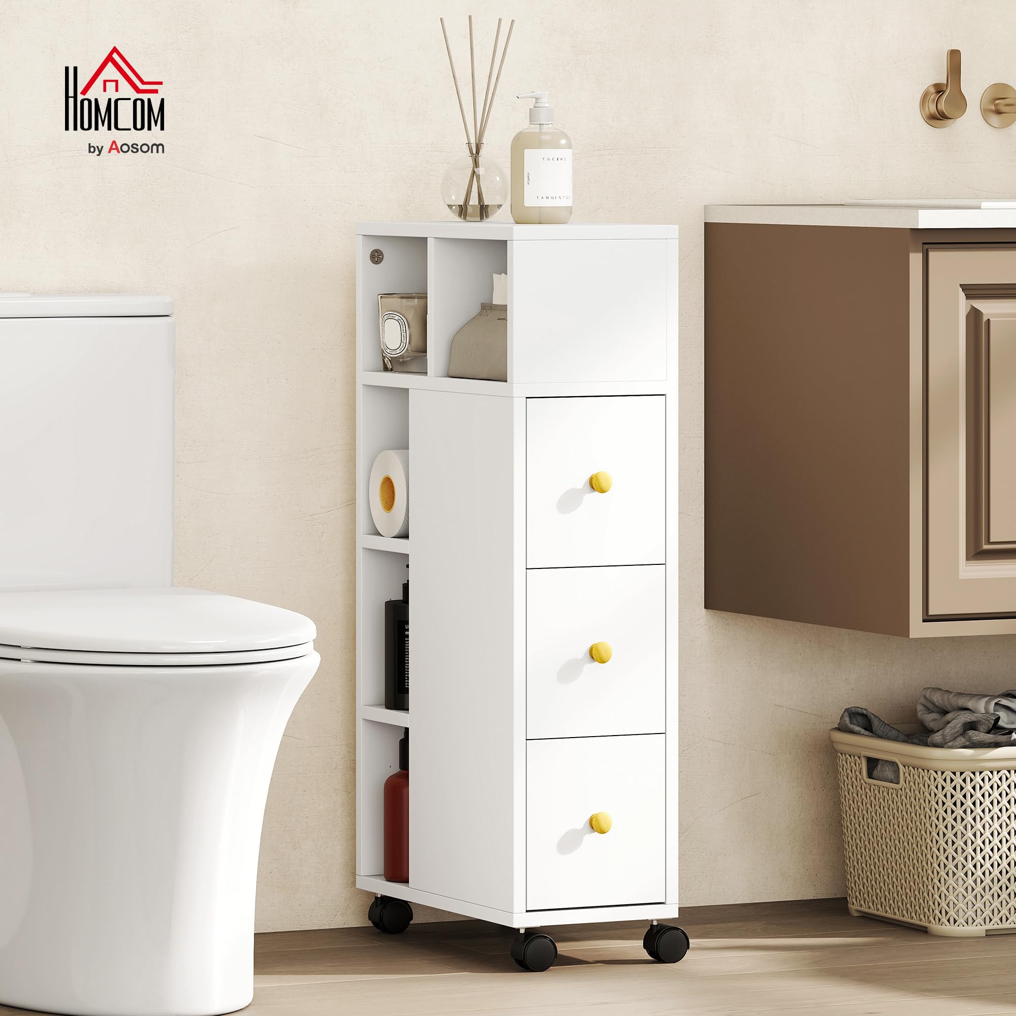 HOMCOM Meuble de Salle de Bain étroit avec 4 roulettes 20x40x80 cm Blanc