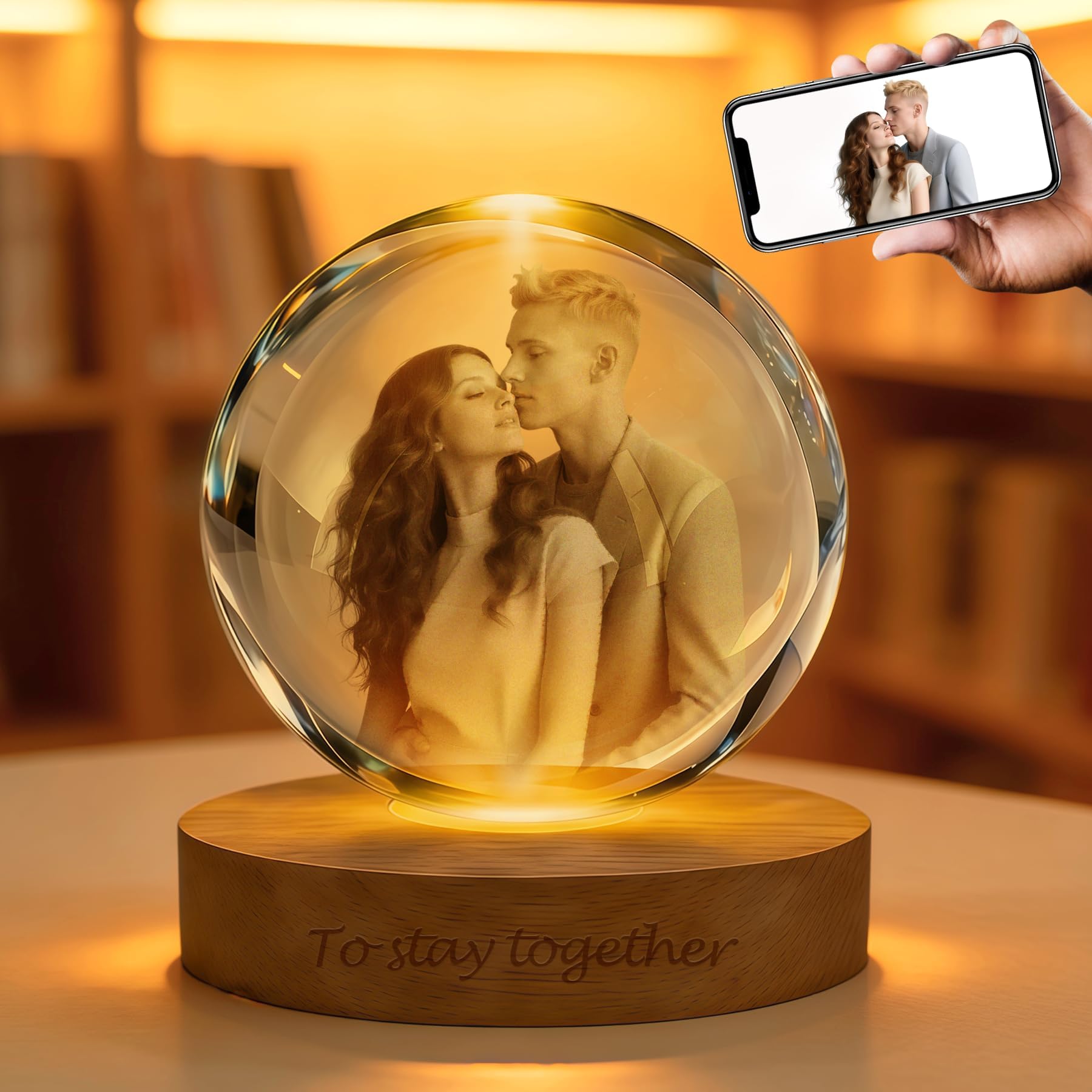 Gloryage Personalised 3D Photo Crystal Ball Night Light – Custom Engraved Picture Lamp with Wooden Base for Couples, Family & Pets – Ideal Anniversary, Birthday or Wedding Gift