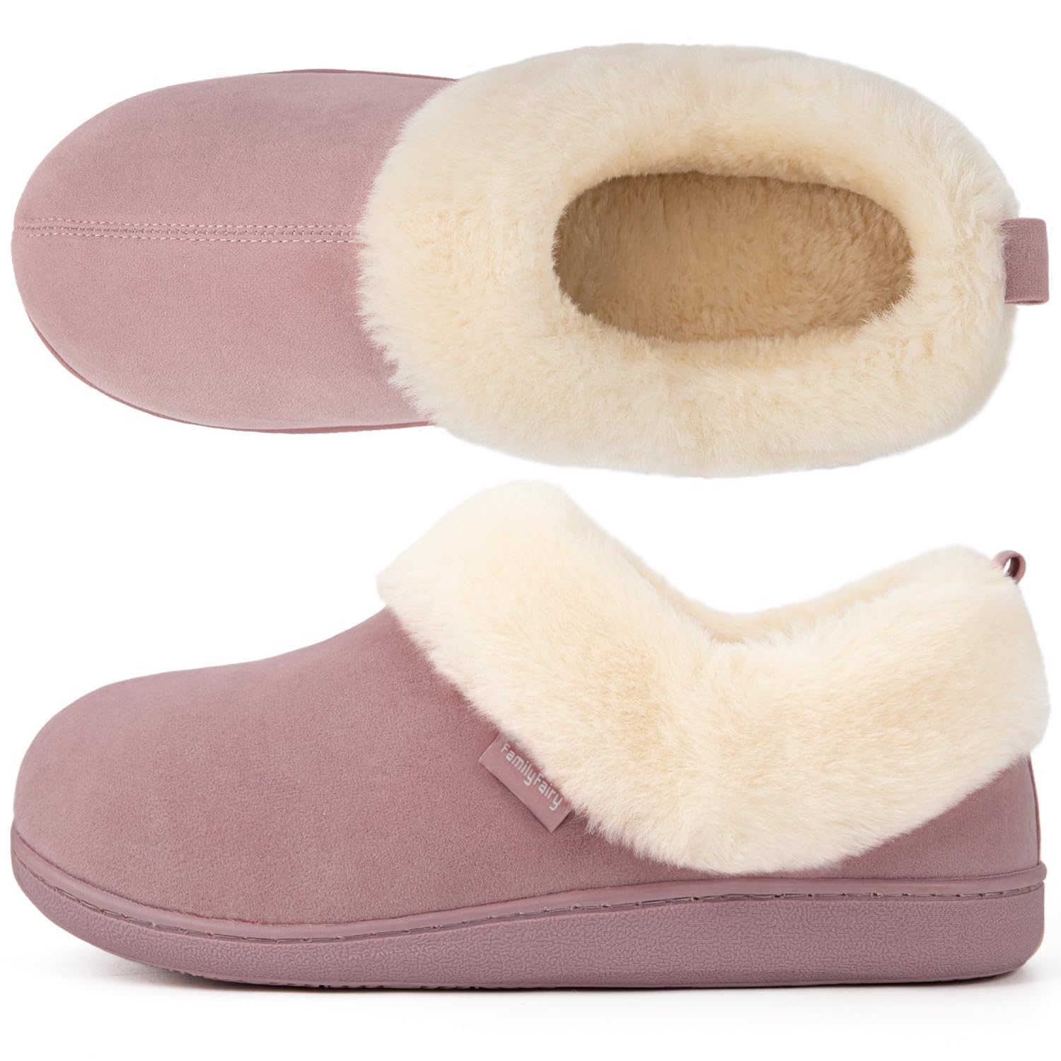 FamilyFairy Women's Warm Bootie Slippers Winter Cozy House Shoes Non Slip Indoor Outdoor with Fuzzy Collar