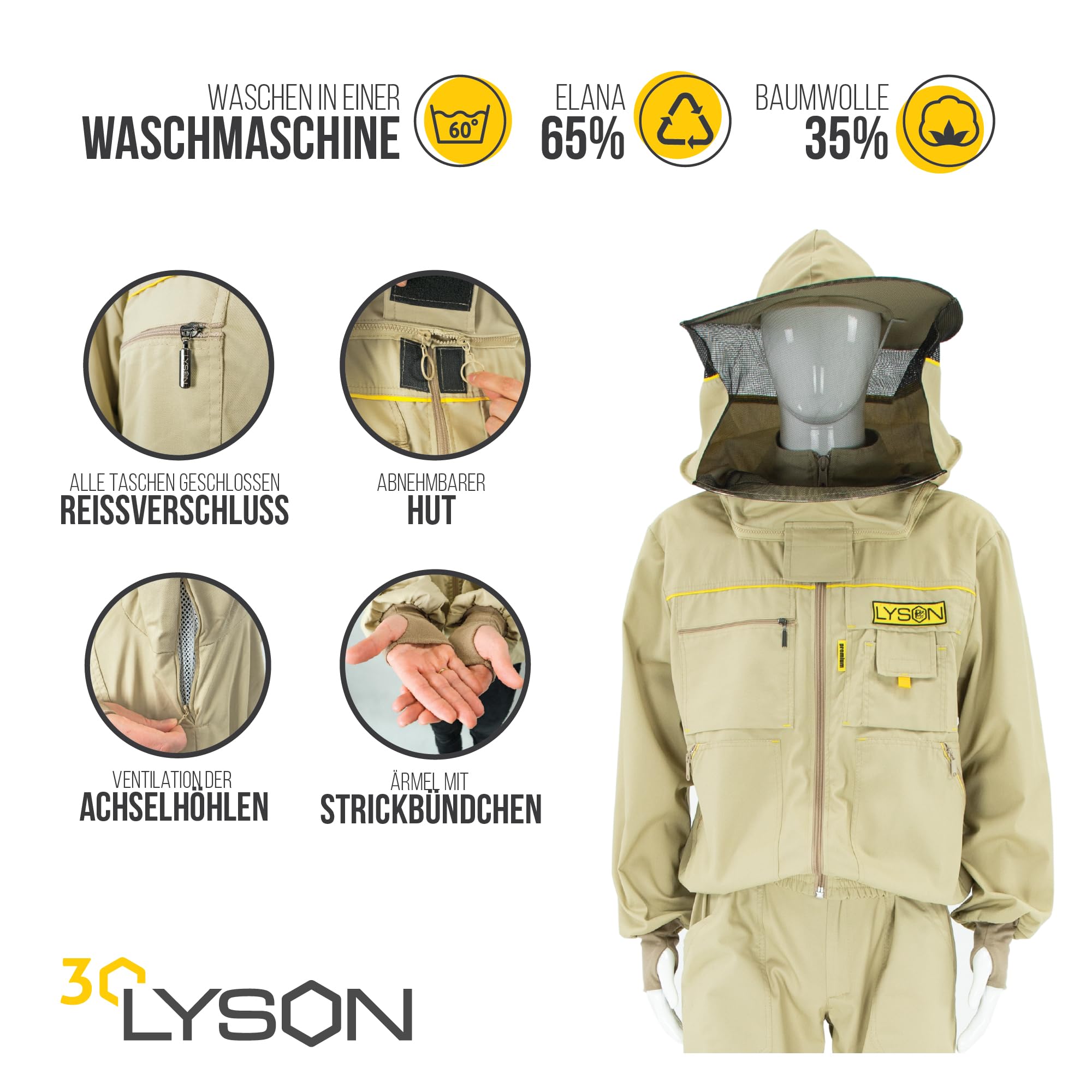 LYSON Imkerbluse mit abnehmbarem Hut/Imkerjacke mit Handstulpen mit Daumenloch Unisex Imkerbluse belüftet Professionelle Imkerbekleidung, Imkerjacke mit Reißverschluss PREMIUM (S, Weiß)