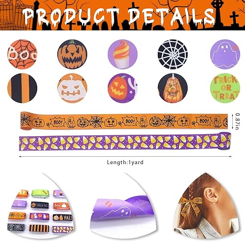 Miniatura 2 de Cintas de Halloween de 12 yardas, cintas de grogrén impresas con calabaza de Halloween de 34 pulgadas de ancho, cintas de grogrén de satén de otoño