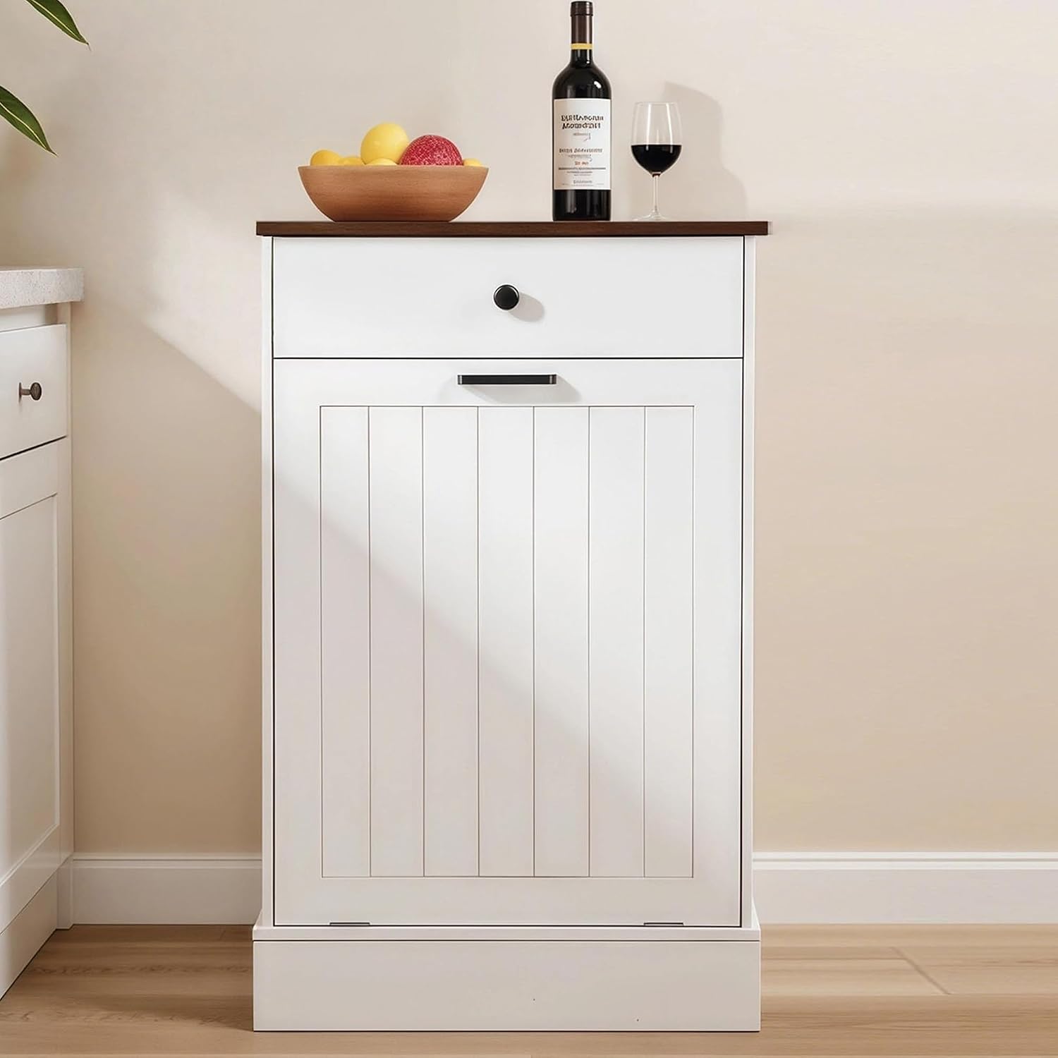 HRVEOCEI Single Tilt Out Trash Can Cabinet for 10 Gallon, Trash Can Holder Cabinet with Drawer, Farmhouse Garbage Cabinets for Kitchen Living Room, Easy to Clean (White)