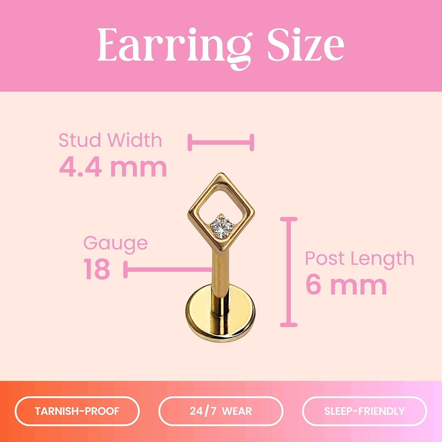 Cords Club Flat Back Stud – Single Gold Plated Titanium Earring with Push Pin for Sensitive Ears — (Single Earring)