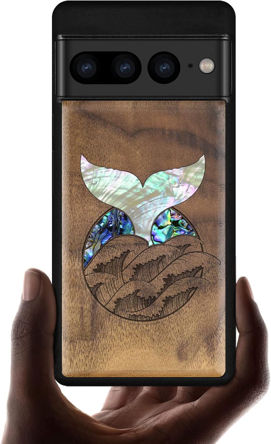 Carveit Designer Wooden Case for Google Pixel 7 Pro Case [Wood Engraving & Shell Inlay] Unique Wood Cover Compatible with Wireless Chargers Pixel 7 Pro (Whale Tail-Blackwood)