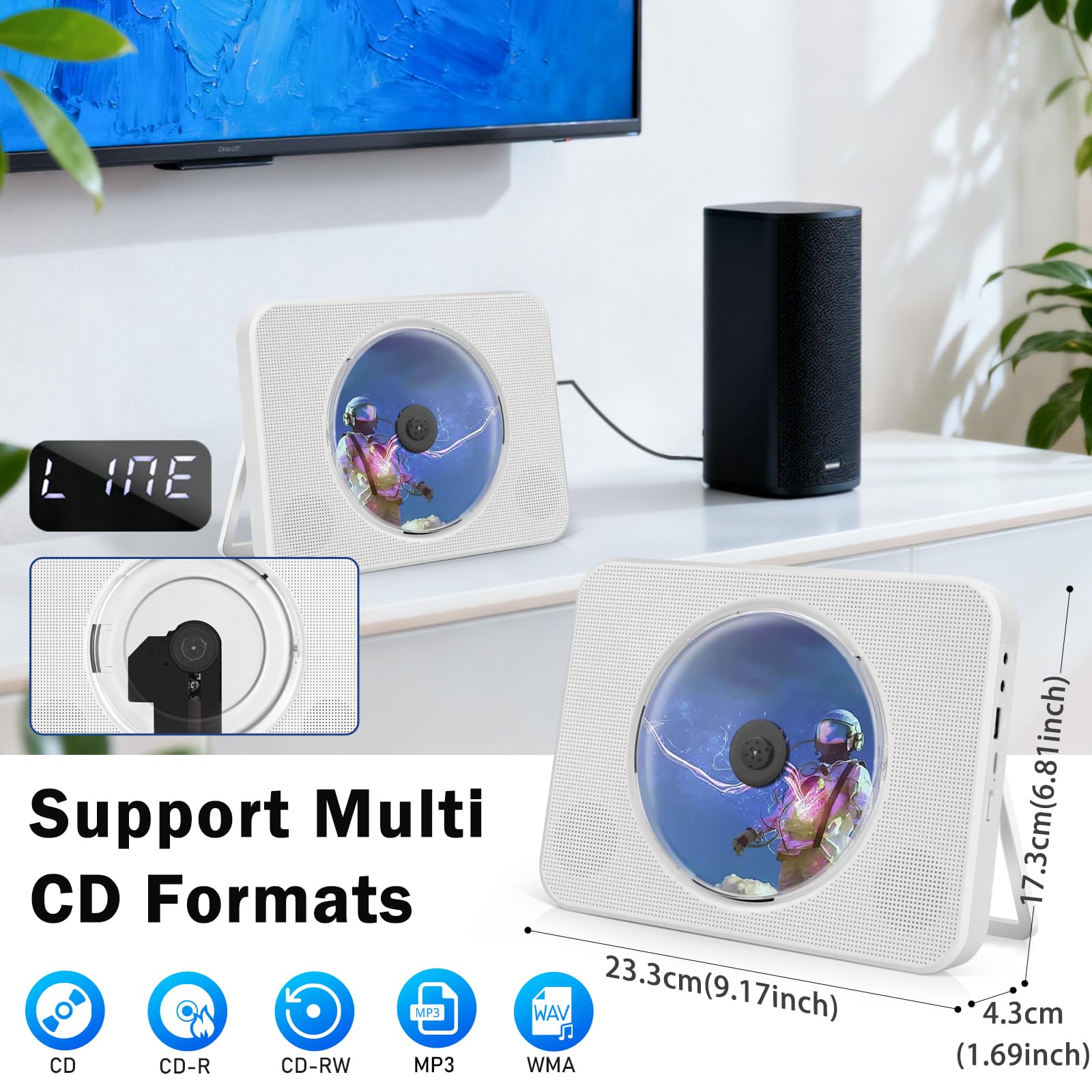 Lettore CD Portatile Bluetooth, lettore CD HIFI Stereo con supporto da tavolo, lettore musicali con telecomando con doppi altoparlanti HIFI integrati, porta USB, presa per cuffie AUX da 3,5 mm