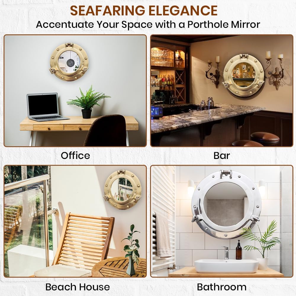 The Metal Magician 8inch Nautical Decor Porthole Wall Mirror, Polished Brass, Mirror for Home, Pirate Decor, Shipwrecked Victorian