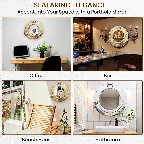 Miniatura 7 de Espejo de ojo de buey de decoración náutica, latón pulido, espejo de pared de 8 pulgadas para decoración del hogar, decoración de pared pirata,