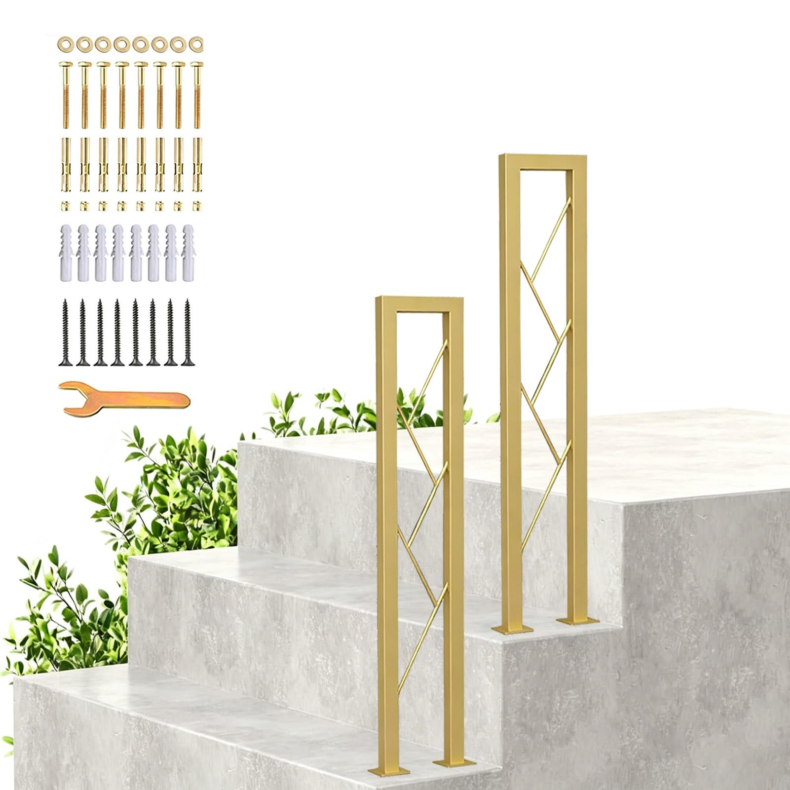 U-Shaped Handrails for Stairs Railing Indoor Outdoor Steps, Metal Hand Rails with Installation Kit, Garden Stair Banister Handrails Fencing Fits 1 Steps, Gold Black(Gold,65cm/26in)