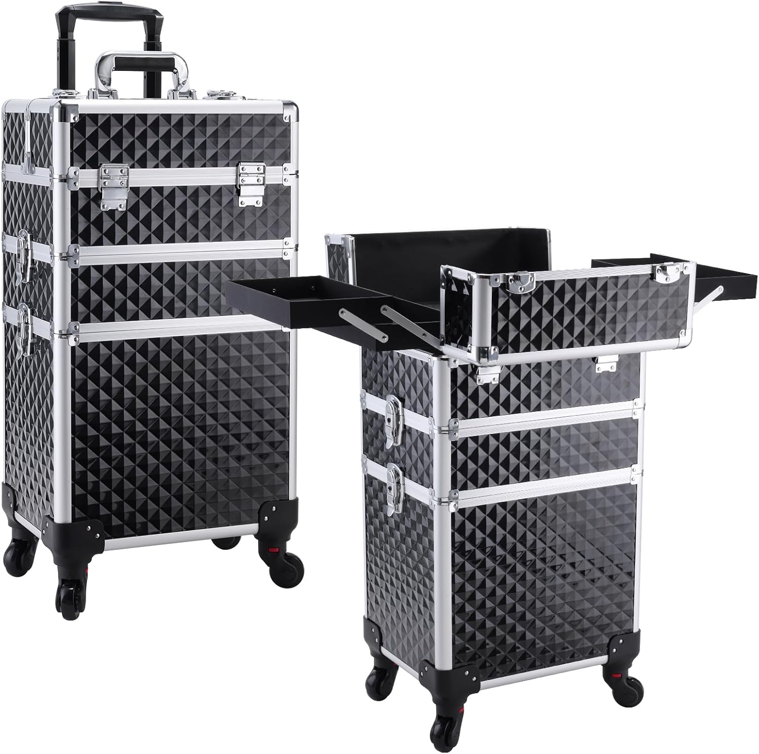 FRENESSA 3 in 1 Rolling Makeup Train Case Professional Cosmetic Trolley Large Storage with Keys Swivel Wheels Salon Barber Case Traveling Cart Trunk for Make Up Hairstylists Nail Tech, Vintage Black