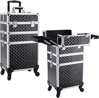 FRENESSA 3 in 1 Rolling Makeup Train Case Professional Cosmetic Trolley Large Storage with Keys Swivel Wheels Salon Barber Case Traveling Cart Trunk for Make Up Hairstylists Nail Tech, Vintage Black