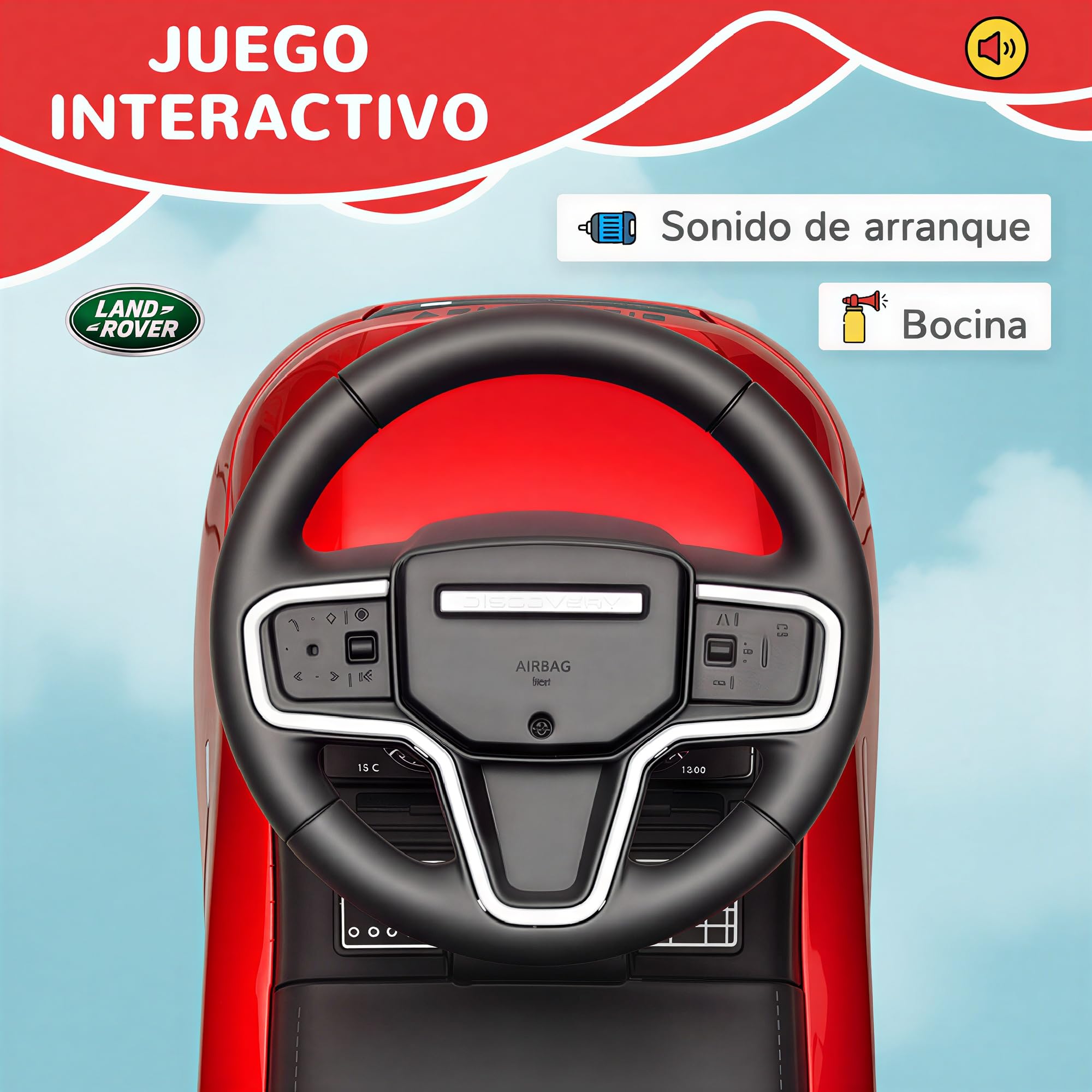AIYAPLAY Coche Correpasillos con Licencia de Land Rover, Correpasillos para Niños de 18-36 Meses con Almacenaje, Volante, Bocina, Sonidos de Motor, 65,5x28x42 cm, Rojo