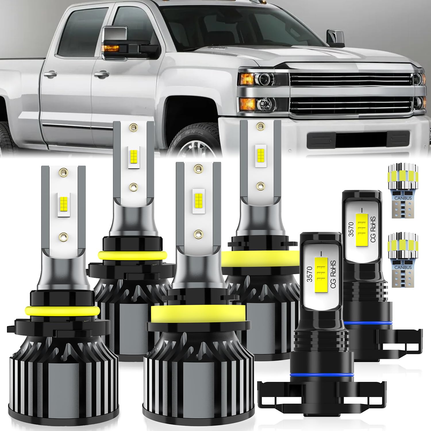 For Chevy Silverado 2500 2015-2022 light Bulbs, Hi-Lo Dual Beam Fog Light Bulb License Plate Light Combo, Plug-and-Play Installation, 8 Pack
