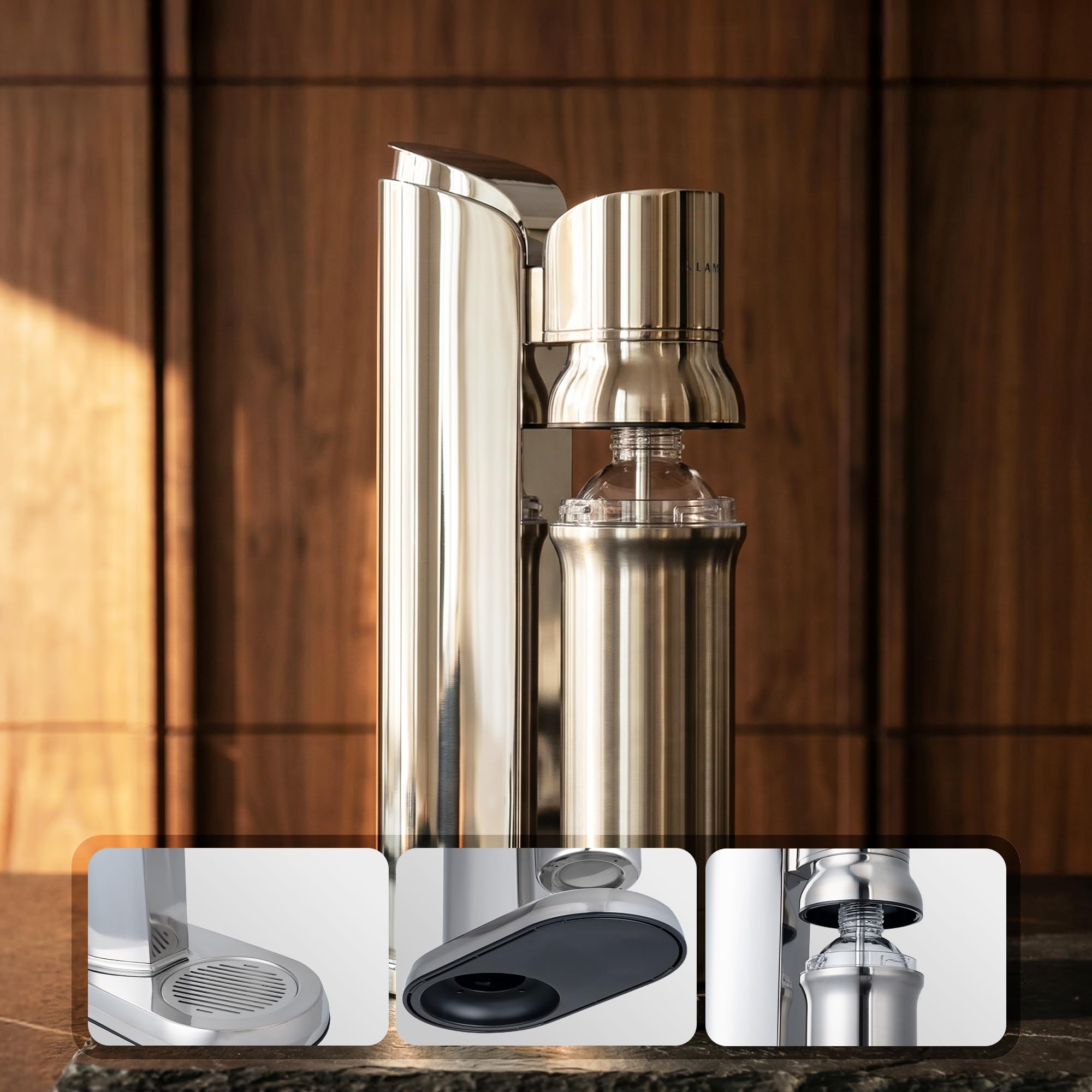 KLAMER Wassersprudler Edelstahl mit Glasflasche, 0,65 MPa Druck, One-Touch-Bedienung, Spülmaschinenfeste Glasflasche, Abtropfschale, Kompatibel mit Standard CO2 Zylinder 60mm
