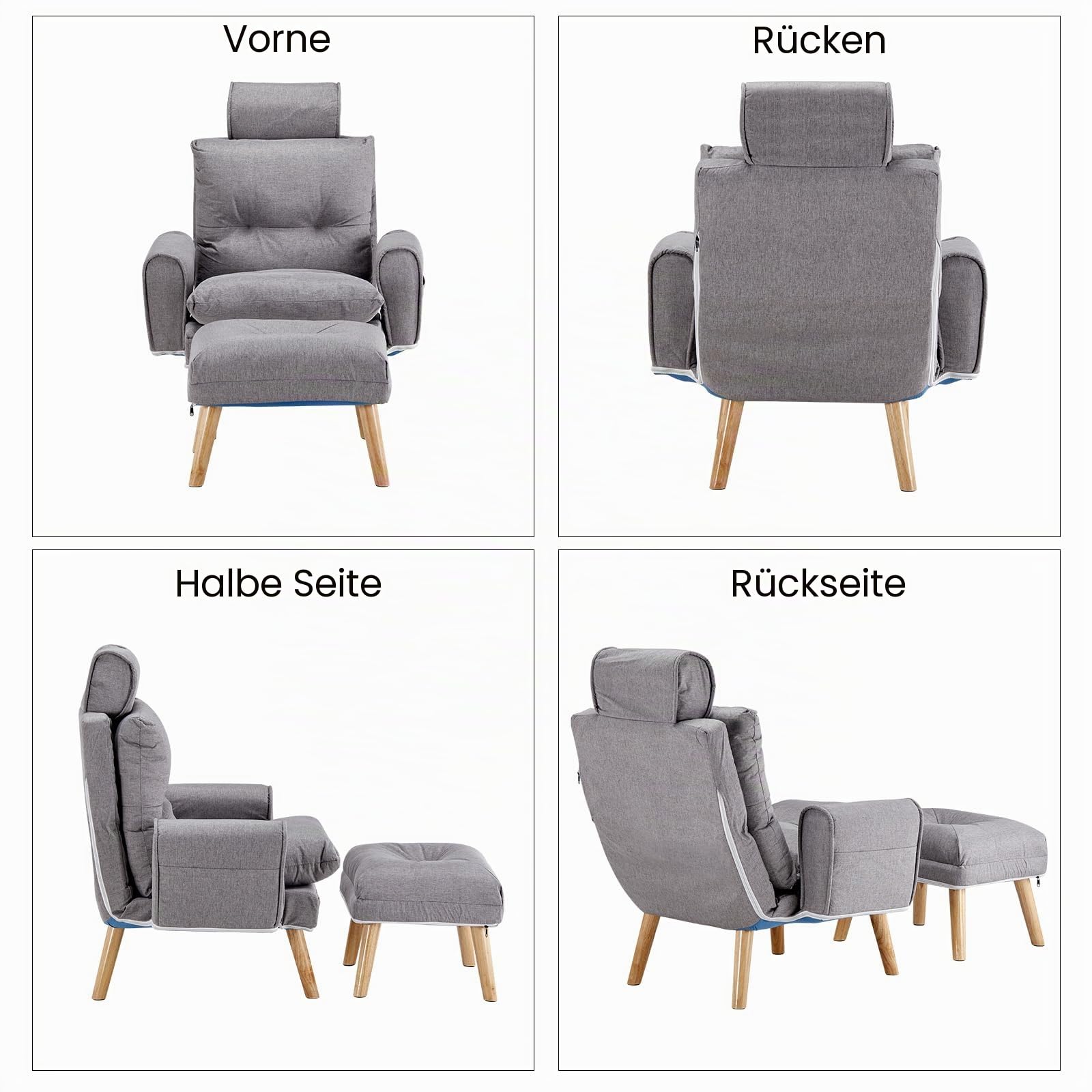CLIPOP Relaxsessel mit Hocker Verstellbarer Lesesessel Leinen mit 6 Positionen Extra Dick Gepolsterter Lehnstühle Liegesessel Fernsehsessel Ohrensessel mit Liegefunktion (Grau)
