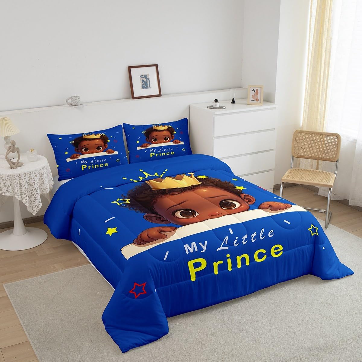 Erosebridal Queen Comforter Set for Boys American Boy Bedding Bedroom Decor, Cute Afro Melanin Prince Toddler Bedding Set for Kids Juneteenth Gifts Black Afro-Boy Duvet Insert with 2 Pillowcases