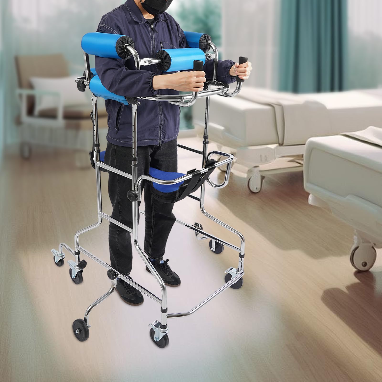 Andador portátil para personas con discapacidad, altura ajustable, andador de acero al carbono para adultos, rehabilitación de parálisis cerebral, incluye cojín de asiento, ruedas y apoyos axilares