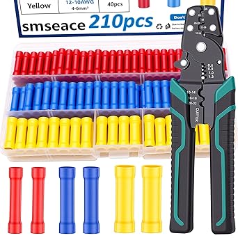 smseace 210PCS Wire Butt connectors with Crimping Tool 22-10AWG Butt Splice Connectors Insulated Electrical Straight Wire Terminal