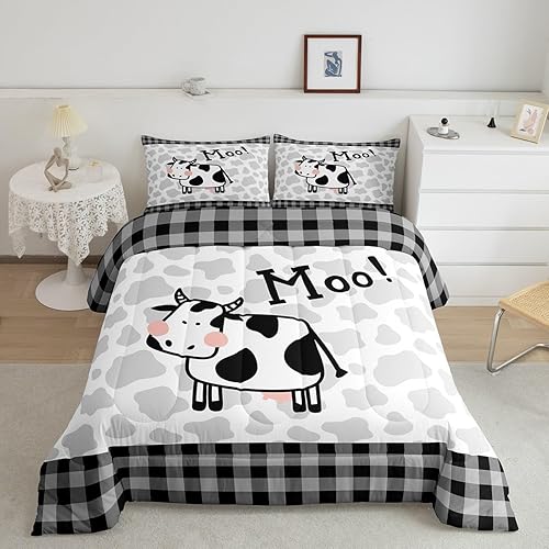 Castle Fairy Juego de edredón con estampado de vaca lechera, tamaño individual, bonito juego de ropa de cama con cuadros negros y blancos para niños