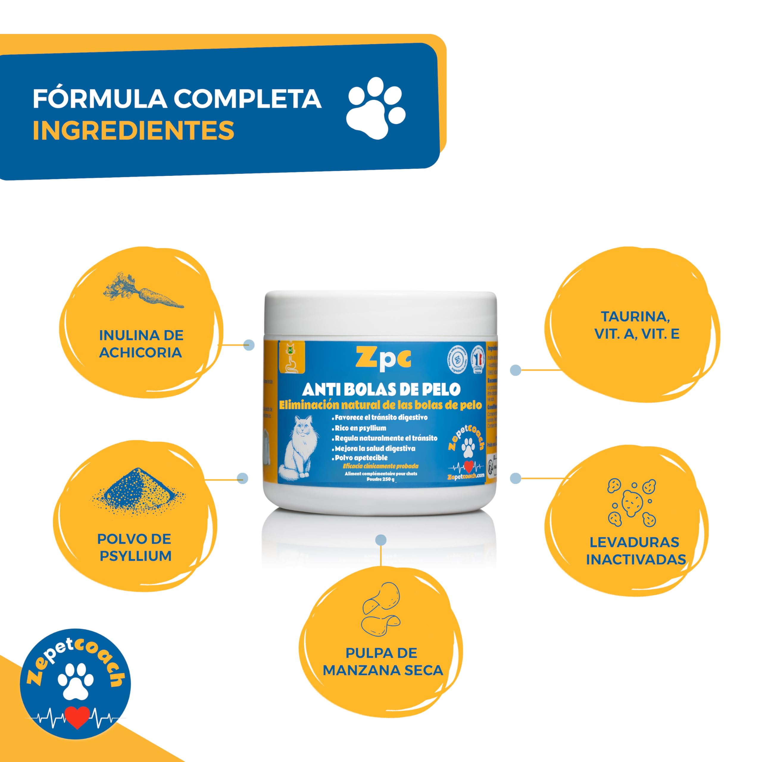 Anti-Bolas de Pelo Gato – ZPC – Complemento Natural para la Digestión y el Tránsito – Taurina, psyllium y achicoria – 250 g