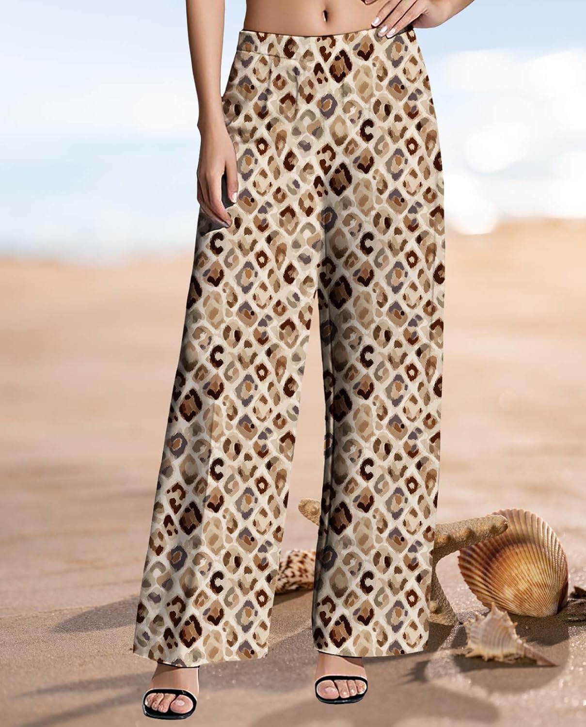 Womens Wide Leg Pants Plus Size High Waisted Pattern Print Lounge Trousers Classic Basic Comfy Work Office Pant - Image 5