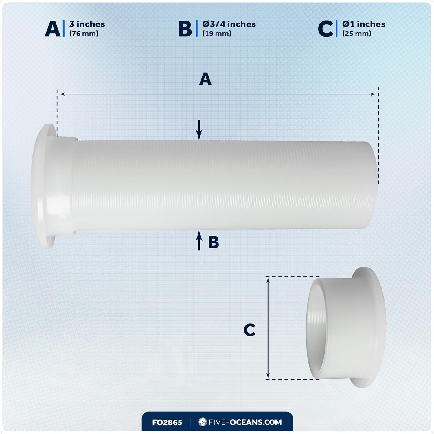Five Oceans 3/4-Inch Boat Motorwell Thru Hull Drain Tube, White Nylon, Livewell Overflow Drain Tube