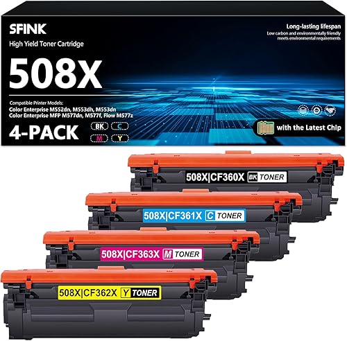 508X - Paquete de 4 cartuchos de tóner de alto rendimiento, negro, cian, amarillo, magenta (con chip), repuesto para HP 508X funciona con Color