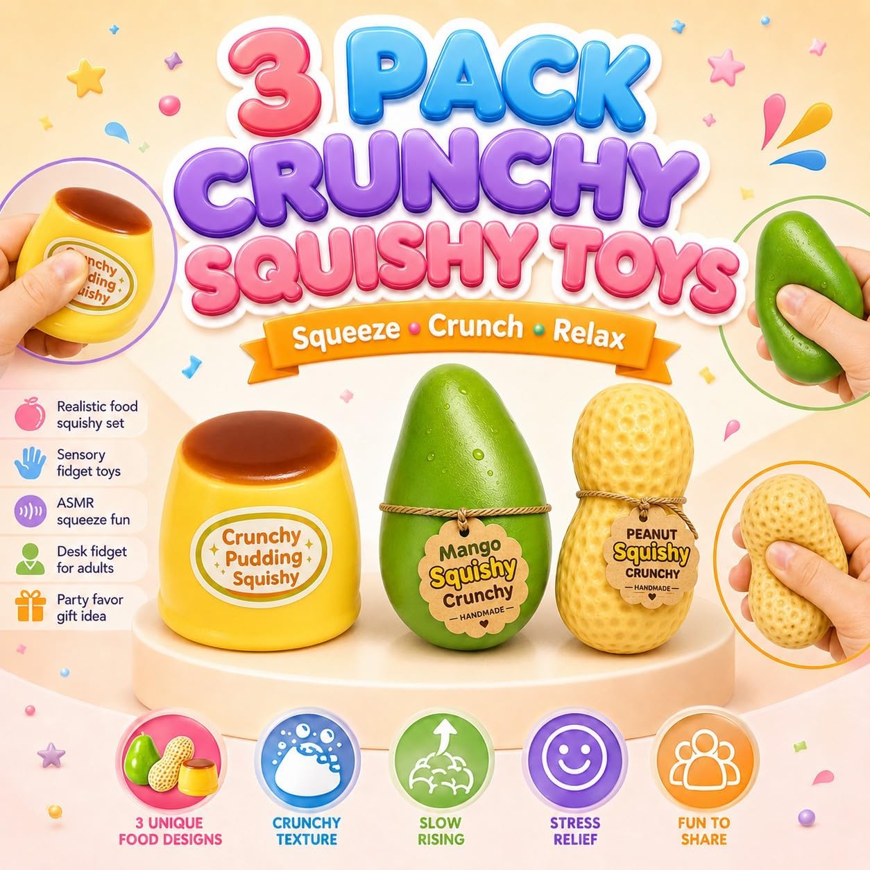 3 Crunchy Squishy Box,Squishy Fidget Toys Adults,Slow Rising Squishy Toys | Crunchy Peanut Squishy Stress Balls for Adults,Crunchy Peanut Squishy&Crunchy Mango Squishy&Pudding Squishy Kit