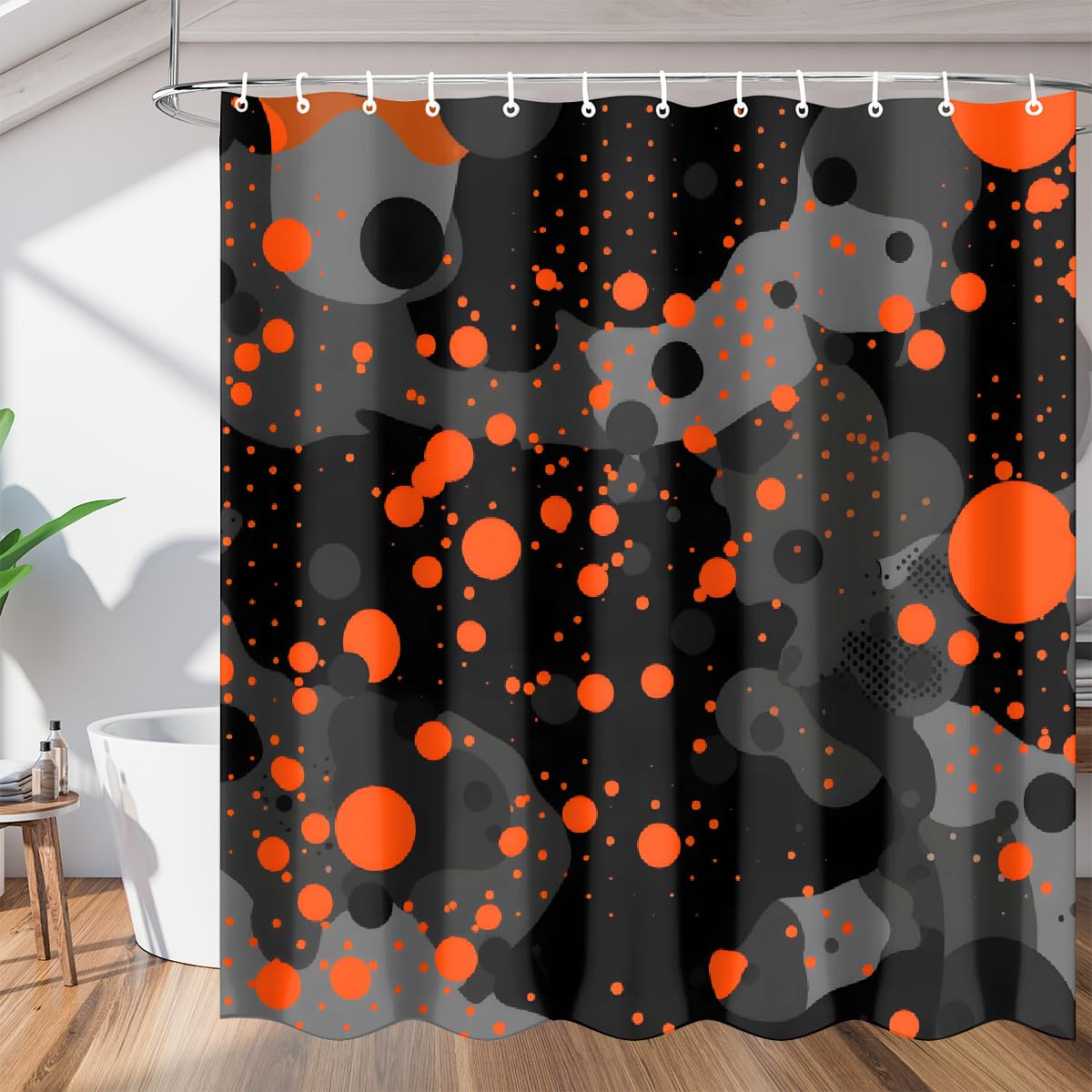 Rideau de douche orange à pois noirs en tissu polyester étanche 183x183 cm