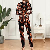 Vista 6 de Linda pijama clásica de panda rojo para mujer, conjunto de manga larga, ropa de descanso de dos piezas con bolsillos