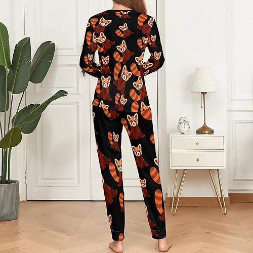 Miniatura 6 de Linda pijama clásica de panda rojo para mujer, conjunto de manga larga, ropa de descanso de dos piezas con bolsillos