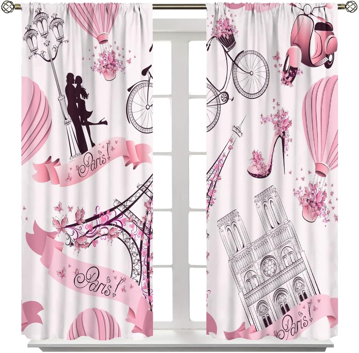 Paris Blackout Curtains Romantic Pink Eiffel Tower Bicycle Butterfly France Couple Art Print for Girls Women Bedroom Living Room Decor Rod Pocket Window Drapes 42x54in