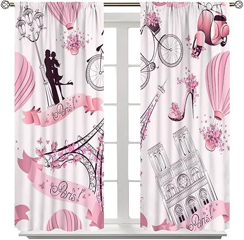 Miniatura 8 de París - Cortinas opacas románticas con diseño de torre Eiffel rosa, para bicicleta, mariposa, Francia, pareja, impresión artística para niñas,