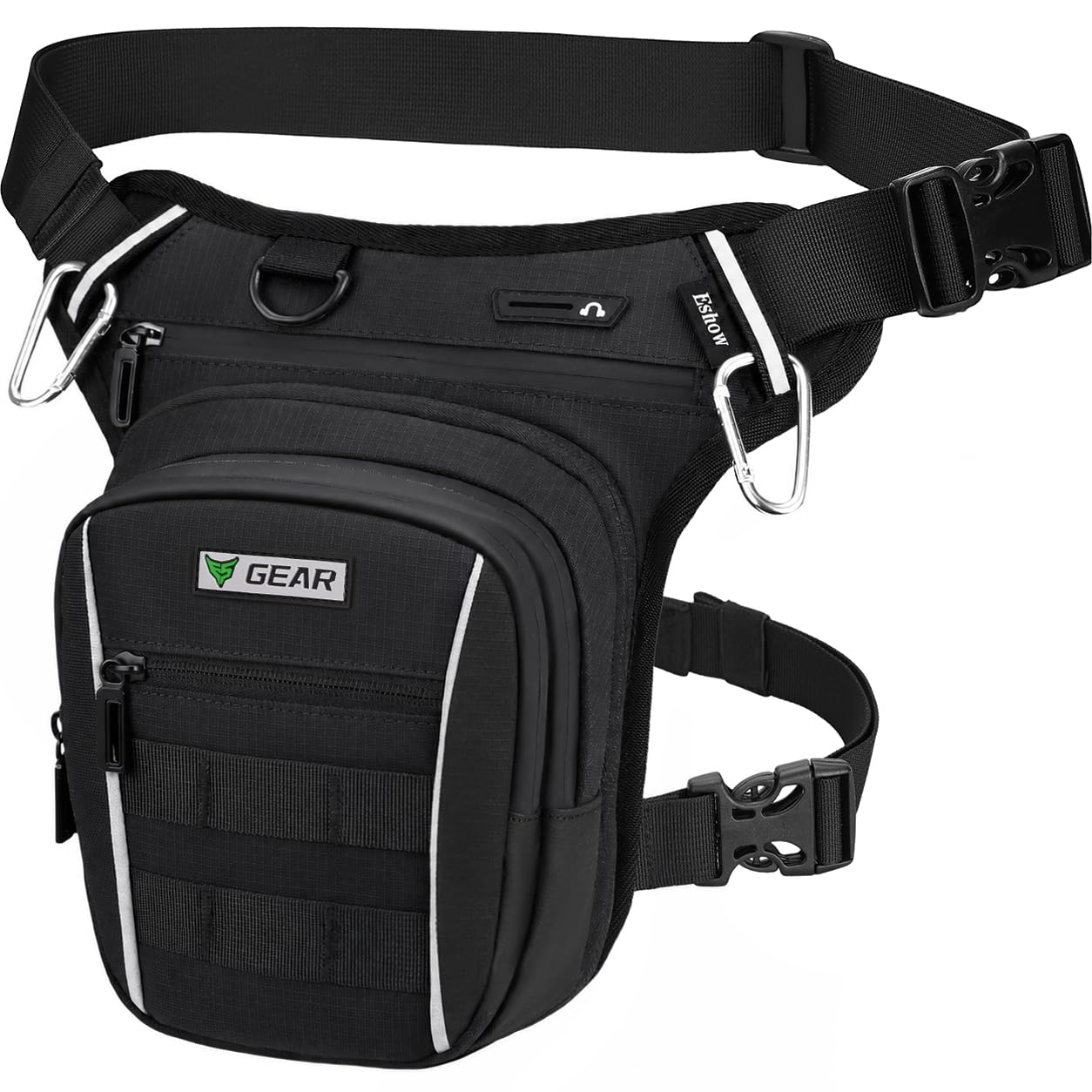 Eshow Beintasche Motorrad für Herren Damen, Oberschenkeltasche Gürteltasche Erweiterbare Stauraum, Bauchtasche Reflexstreifen Verstellbarer Beinriemen mit 2 Karabiner für Wandern Radfahren Schwarz