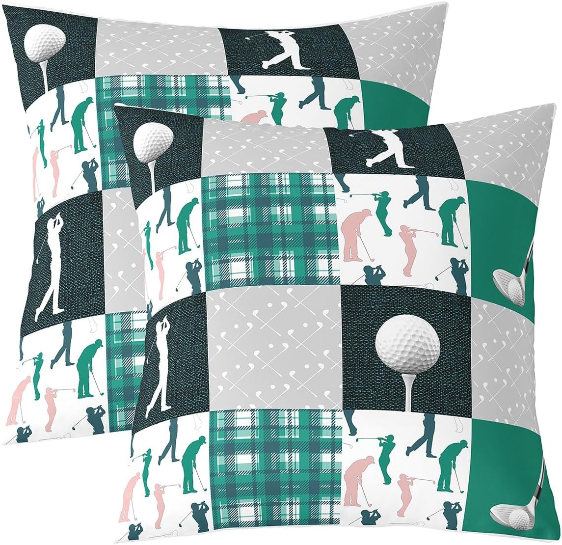 Golf Throw Pillow Covers 22x22 Inch Set of 2 Extreme Sports Style Players Print Cushion Covers for Teens Adults Retro Watercolor Patchwork Grid Stripes Cushion Cases for Bedroom Chairs Office