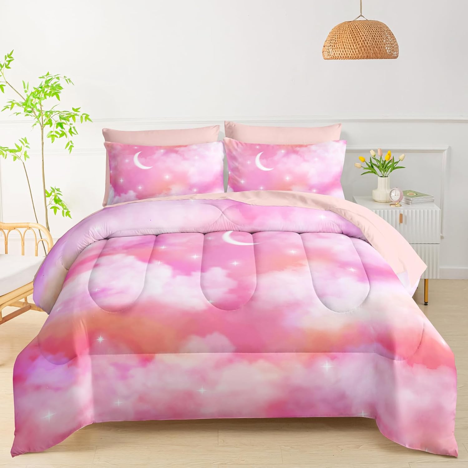 QOOMO Pink Cloud Room Decoration Comforter, Rainbow Star Sky 7 Piece Kids Bedroom Decor Set, Twin Size with 1 Comforter, 2 Pillowcases, 2 Pink Pillowcases, 1 Fitted Sheet, 1 Flat Sheet