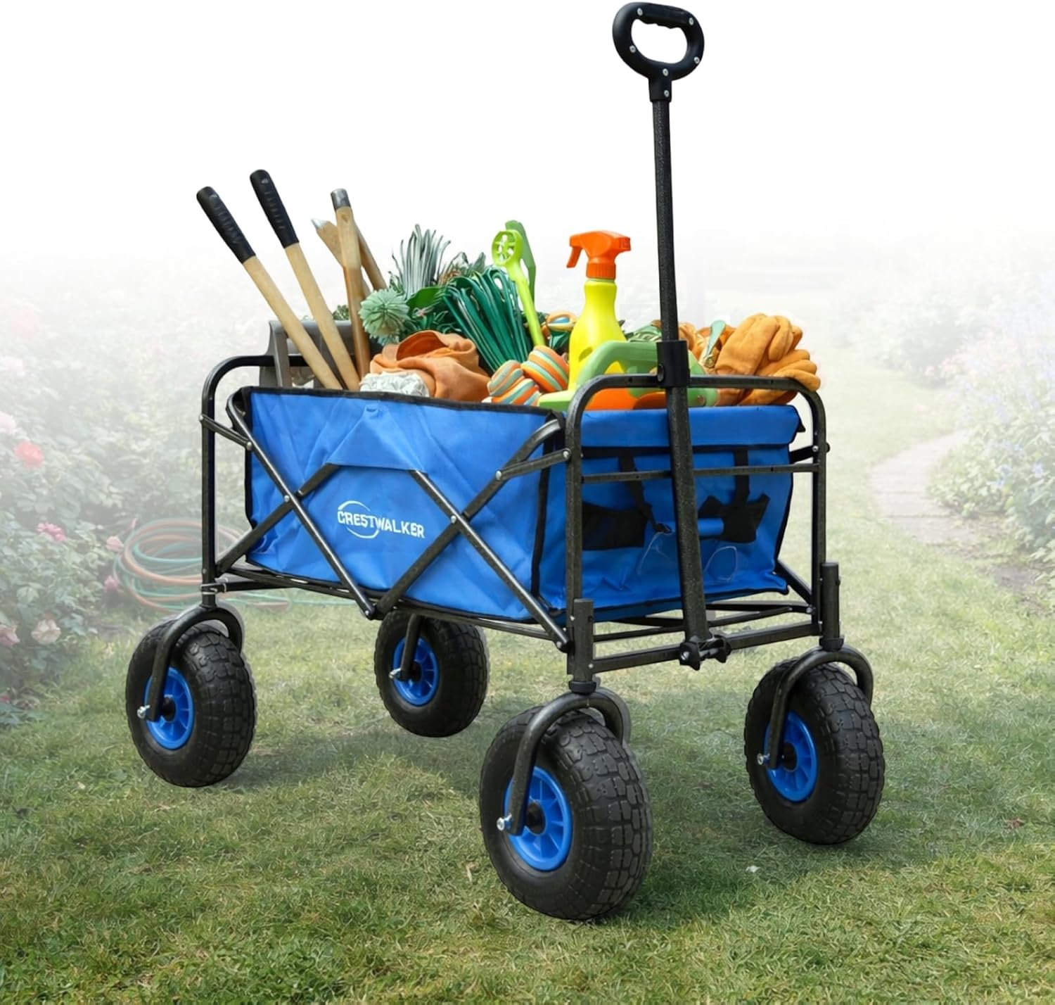 Folding Garden Cart Wagon with 10" Rubber All-Terrain Wheels, Heavy Duty Yard Utility Cart for Grass, Mud & Outdoor Hauling, 330lbs Capacity, Collapsible Beach & Camping Wagon